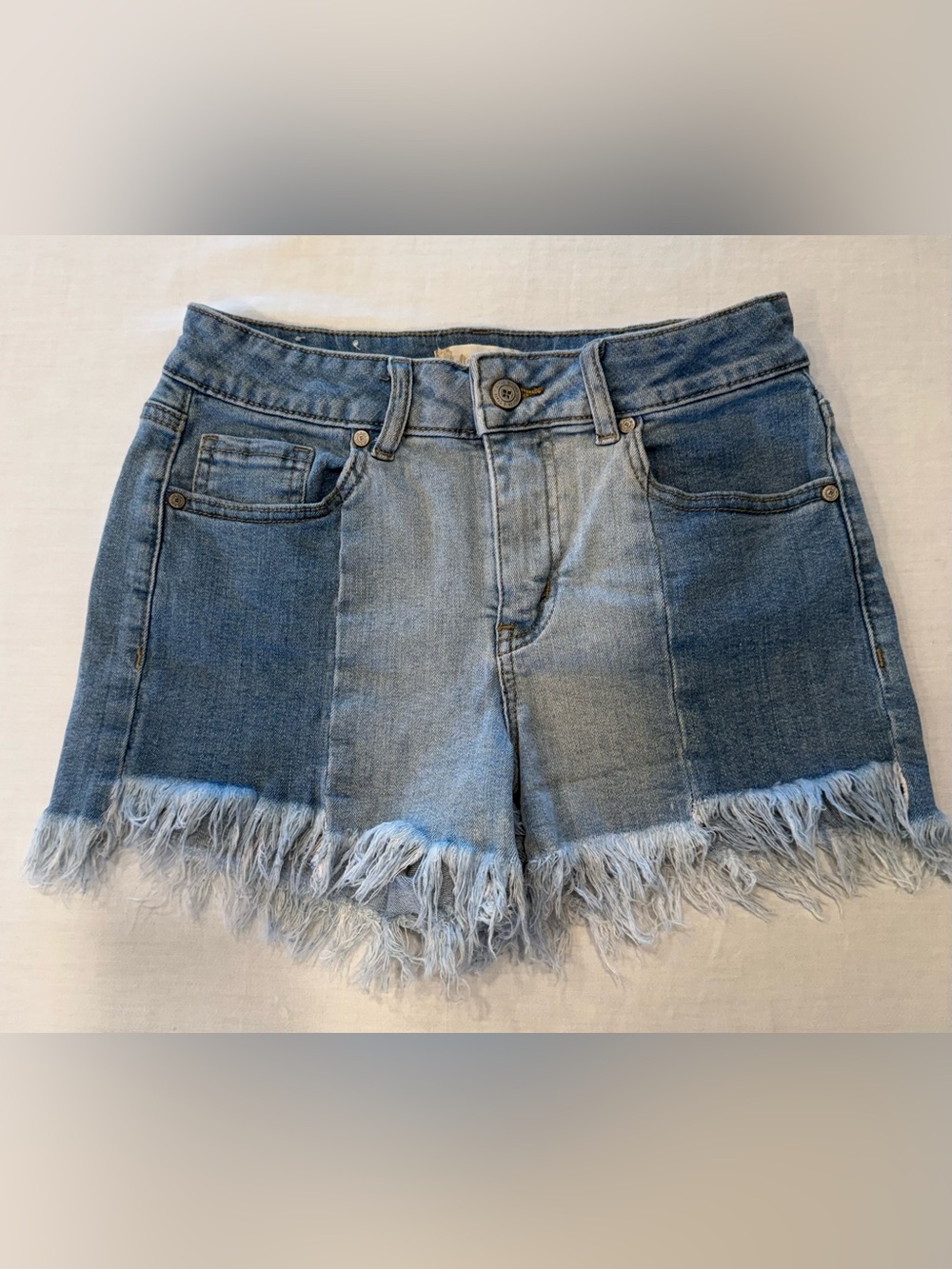 Altar'd State Two Tone Colorblock Fringe Denim Shorts 25
